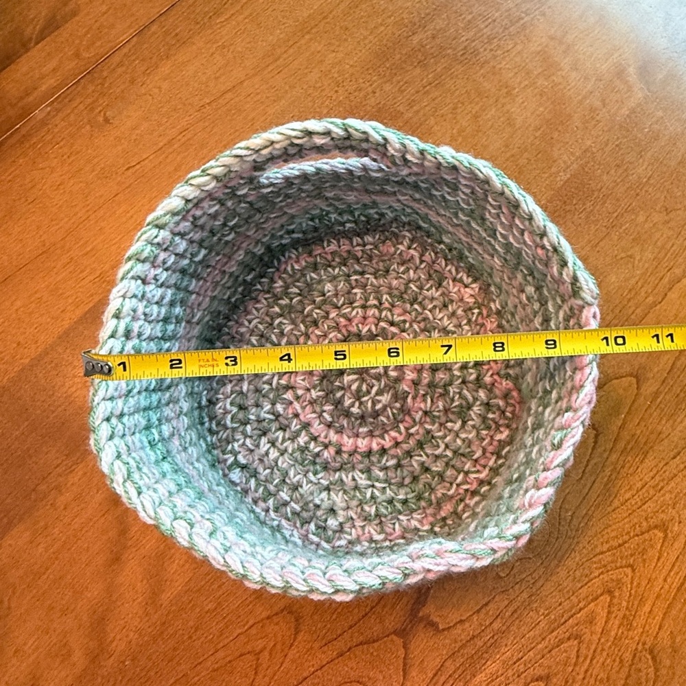 Handmade Crochet Basket With Handles. Pink, Green and Cream. Storage, Gifting. - Picture 3 of 4